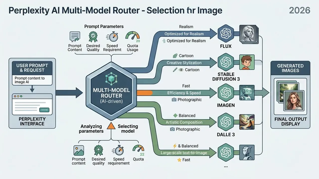 System architecture diagram showing how Perplexity AI routes user prompts to specific image generation models