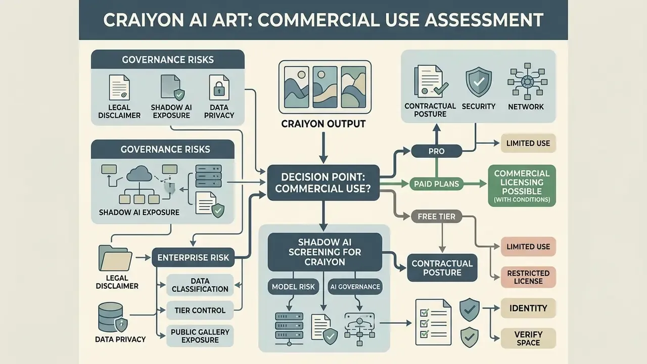 Infographic flowchart outlining risk factors and decision paths for commercial use of Craiyon AI art