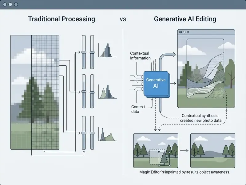 Side by side comparison showing pixel level slider adjustments versus generative AI contextual synthesis