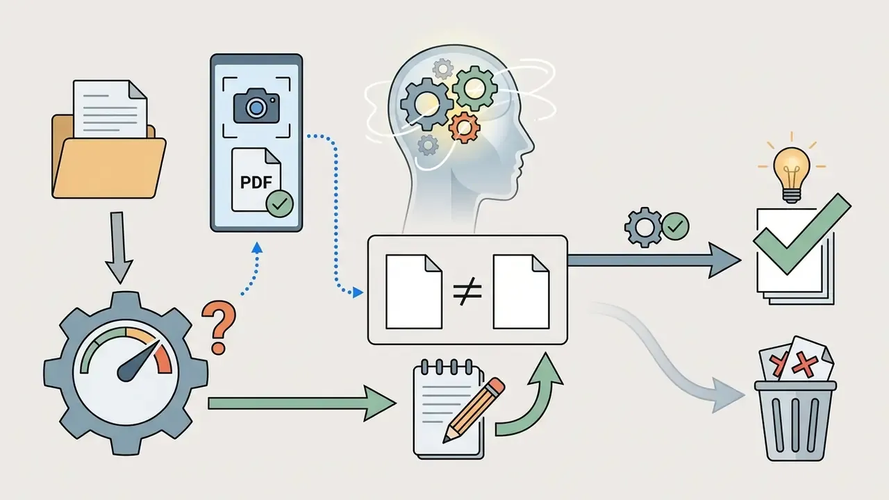 Folder and mobile device feeding into a gear processor that compares documents to reach a final conclusion