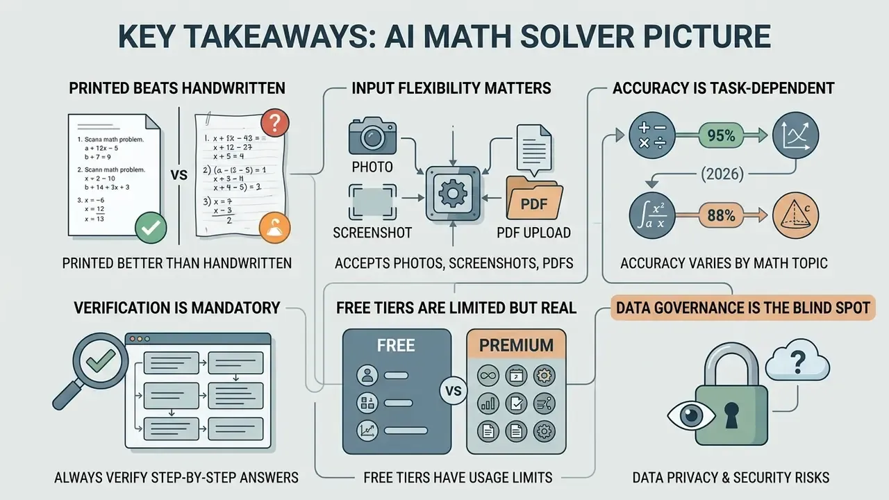 Infographic summarizing AI math solver performance, input methods, verification needs, and privacy risks