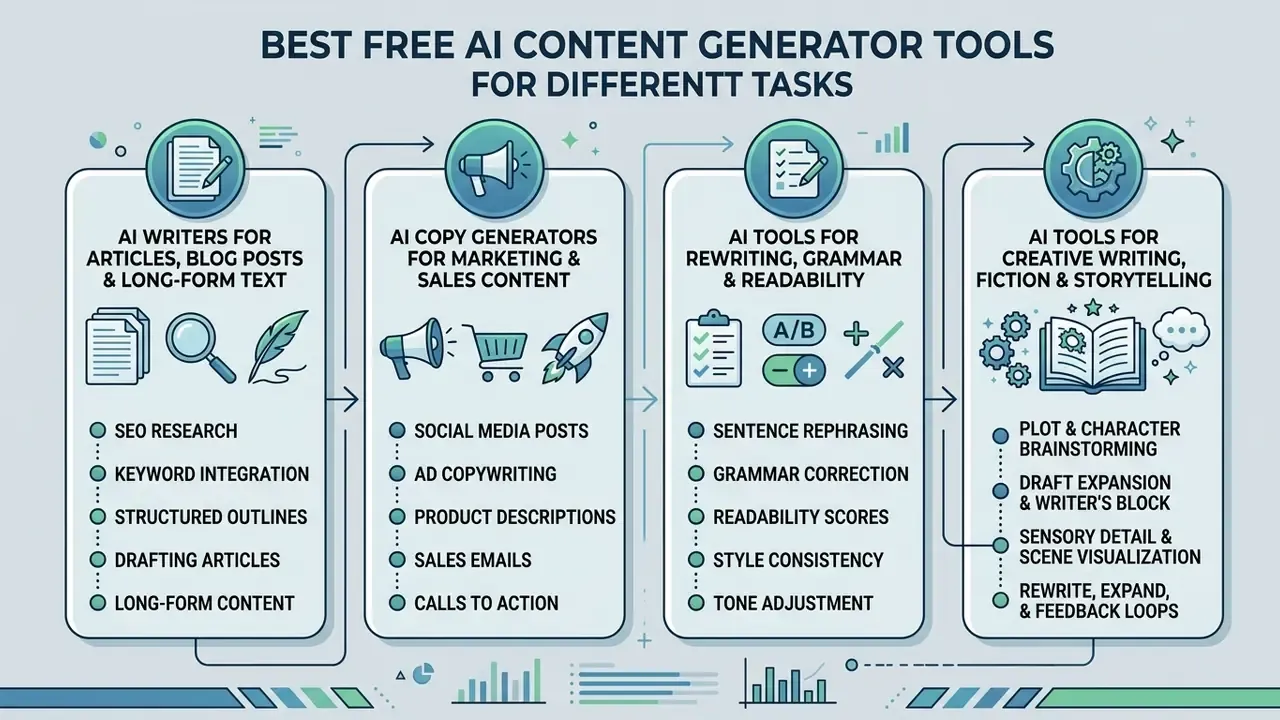 Four categorized boxes outlining specific AI writing applications from long-form text to creative storytelling