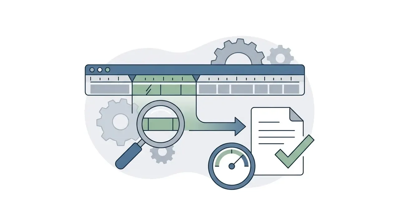 Magnifying glass inspecting a video timeline segment that points toward a verified document and gauge