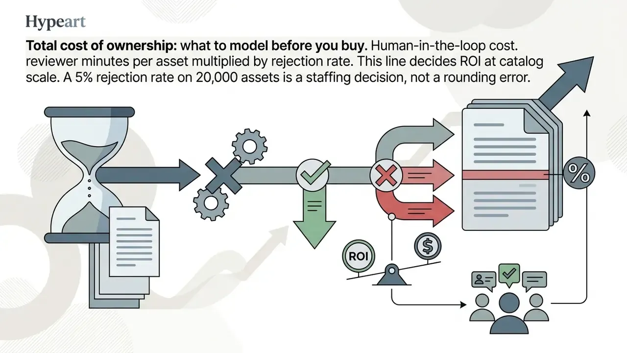 Hourglass and gears feeding into a decision pathway that splits into approved and rejected asset workflows