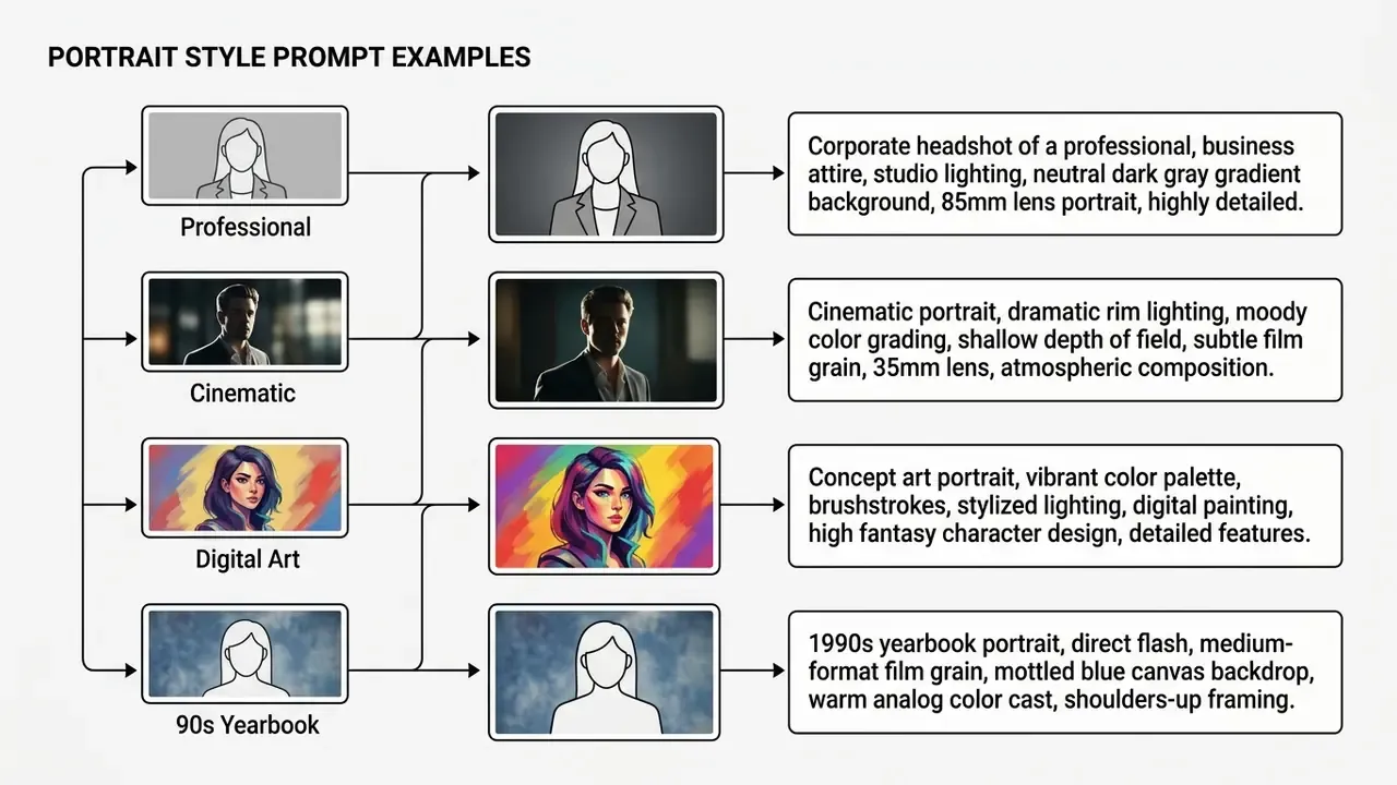 Diagram mapping portrait styles to their corresponding AI text prompts and generated visual results