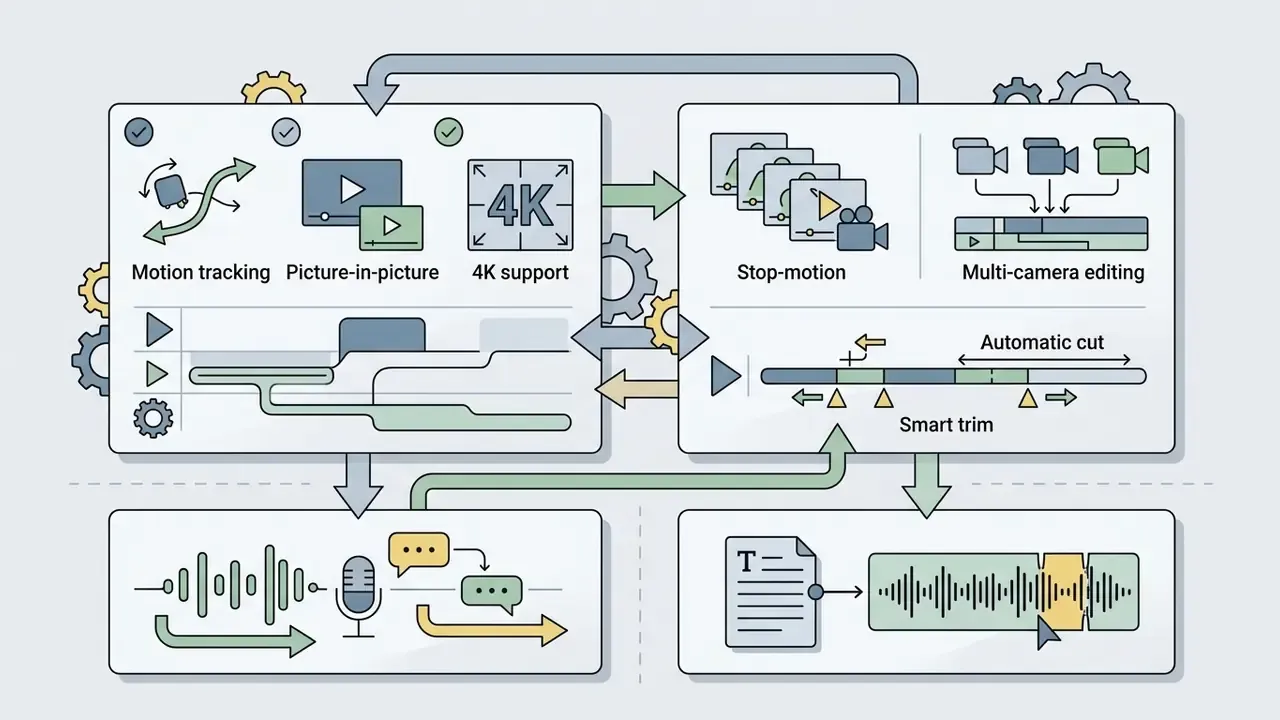 Flowchart showing video editing features like motion tracking, multi-camera editing, and text-based trimming
