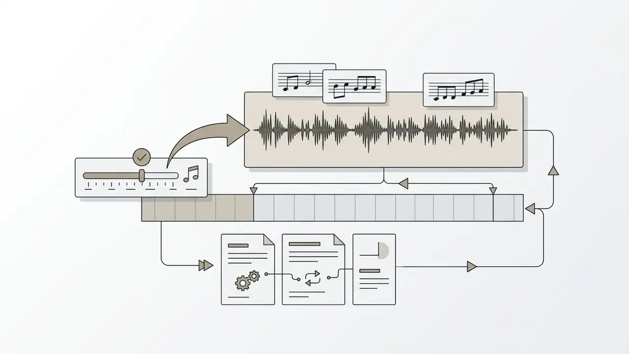 Slider control adjusting musical notes and waveforms linked to a sequence of data processing documents
