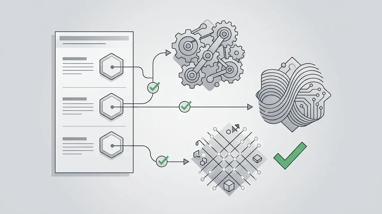 List of options connecting to various abstract icons representing mechanical and digital processing