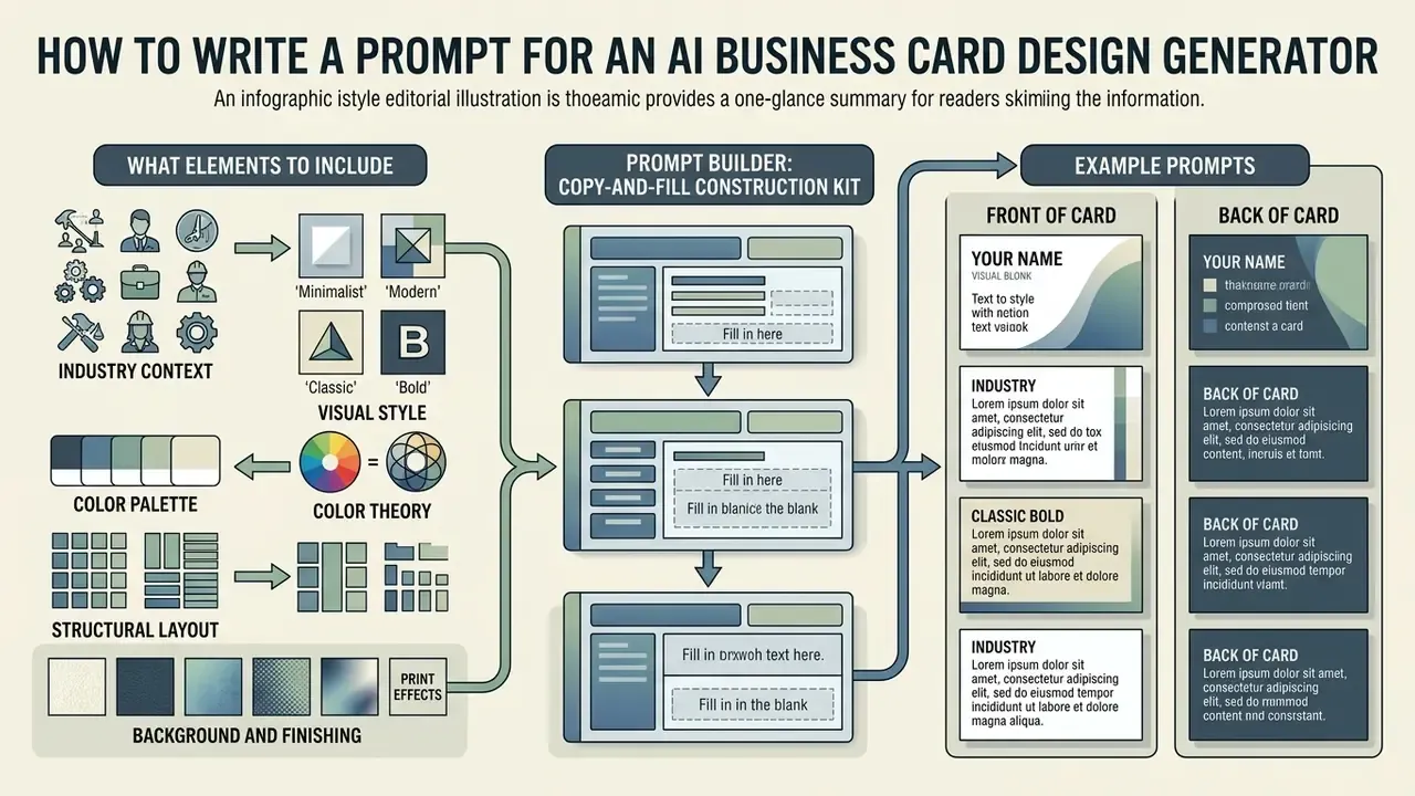 Step-by-step guide showing prompt components, a construction kit, and sample card layouts