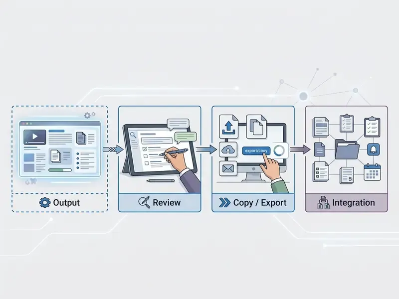 Workflow diagram showing steps from generated output to human review, file export, and final integration