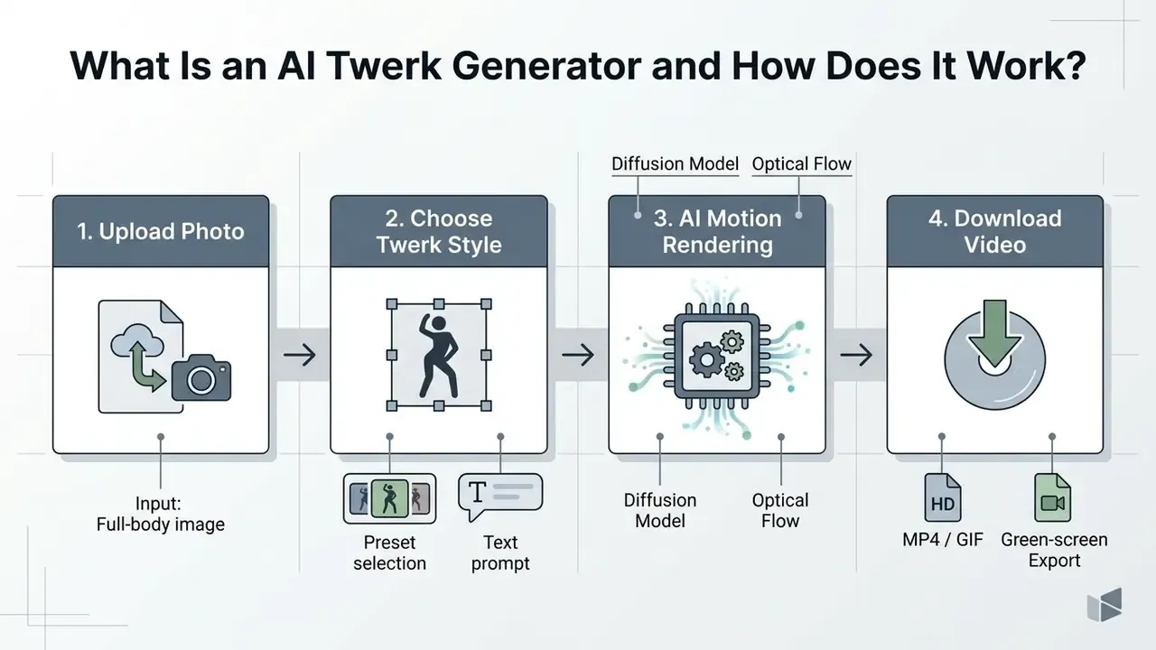 Four step flowchart showing the process of uploading a photo and rendering an AI twerk animation