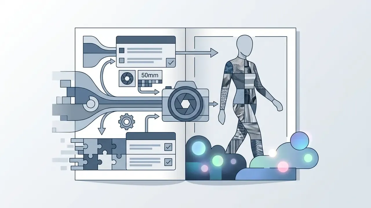 Conceptual layout showing camera settings and prompt inputs forming a hyper realistic AI girl portrait
