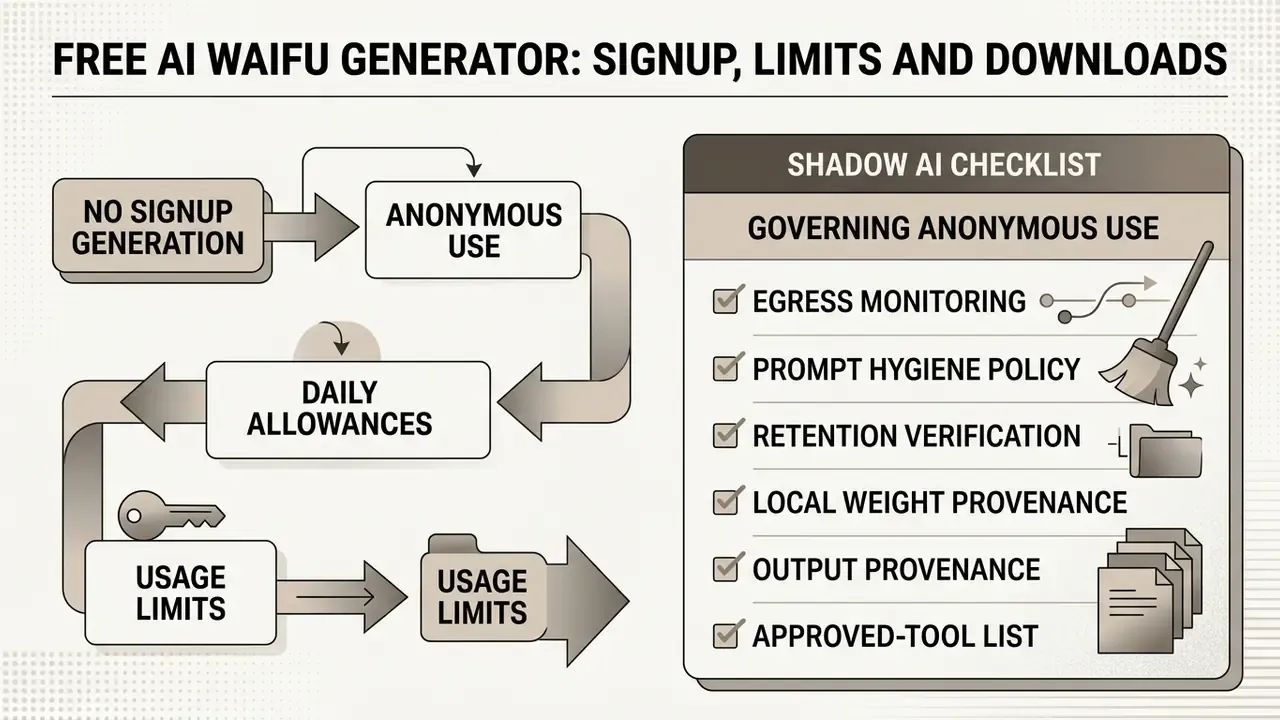Flowchart of anonymous usage steps alongside a checklist for governing secure AI tool operations