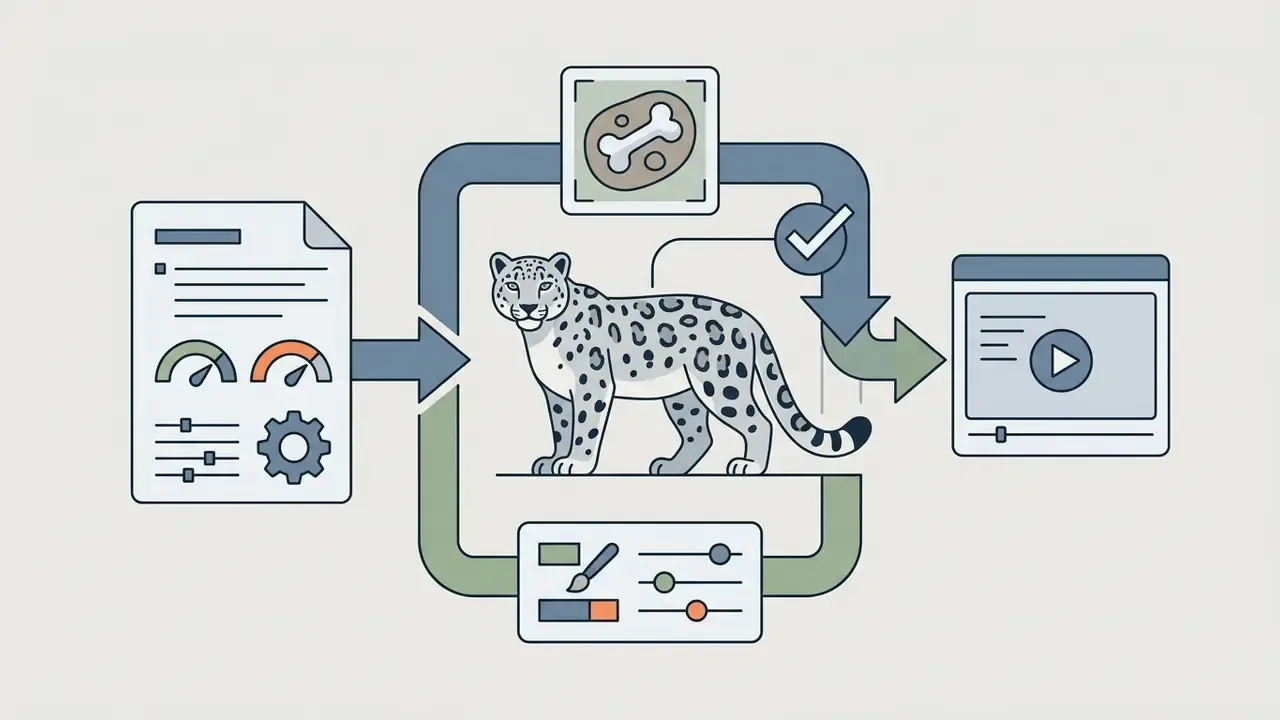 Snow leopard surrounded by icons for settings, bone, and video playback in a looped process graphic