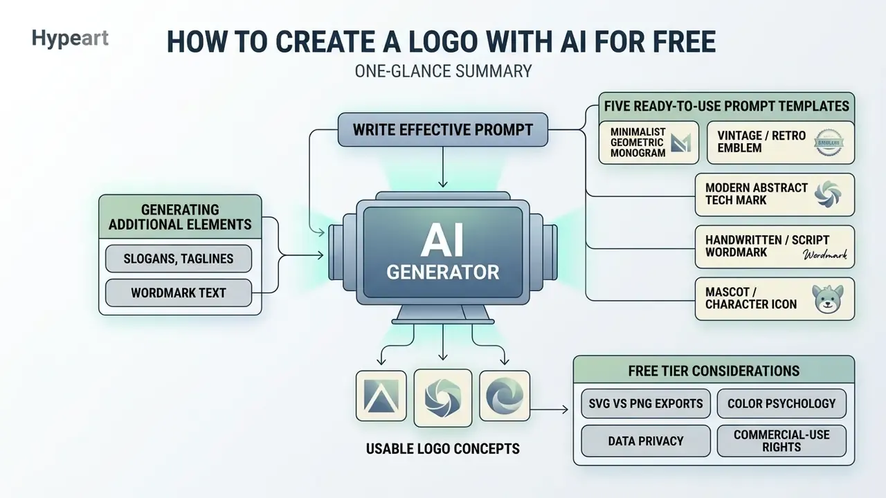 Diagram showing the process of using an AI generator to create logo concepts from prompts and elements