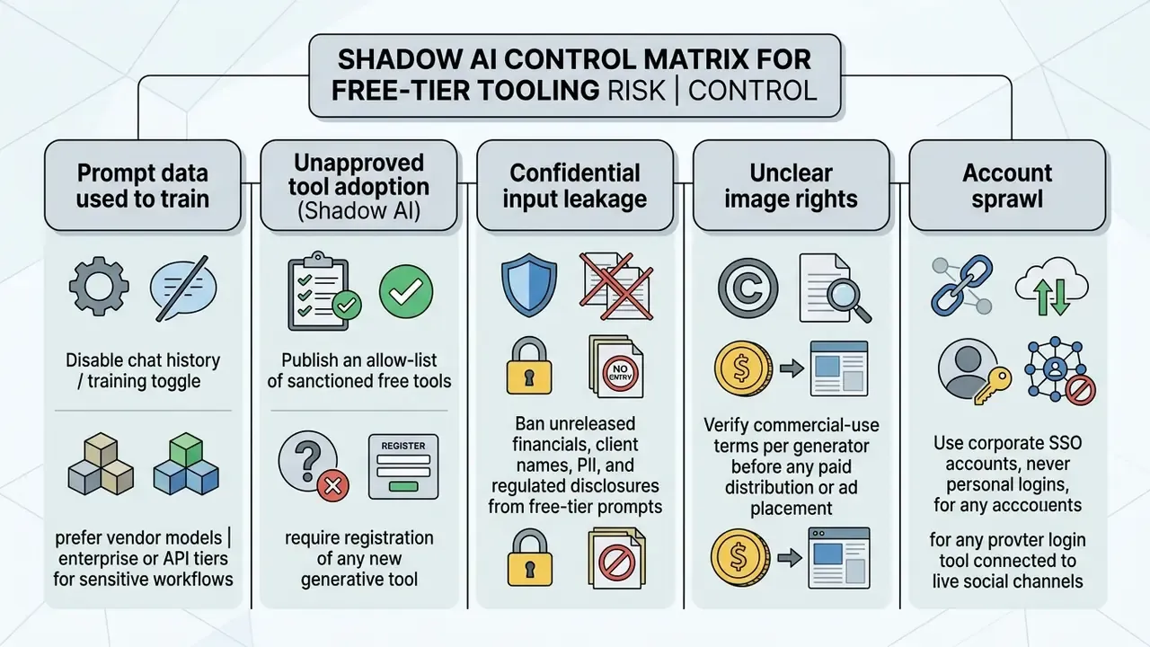 Matrix outlining five risk categories and mitigation strategies for managing free AI tools