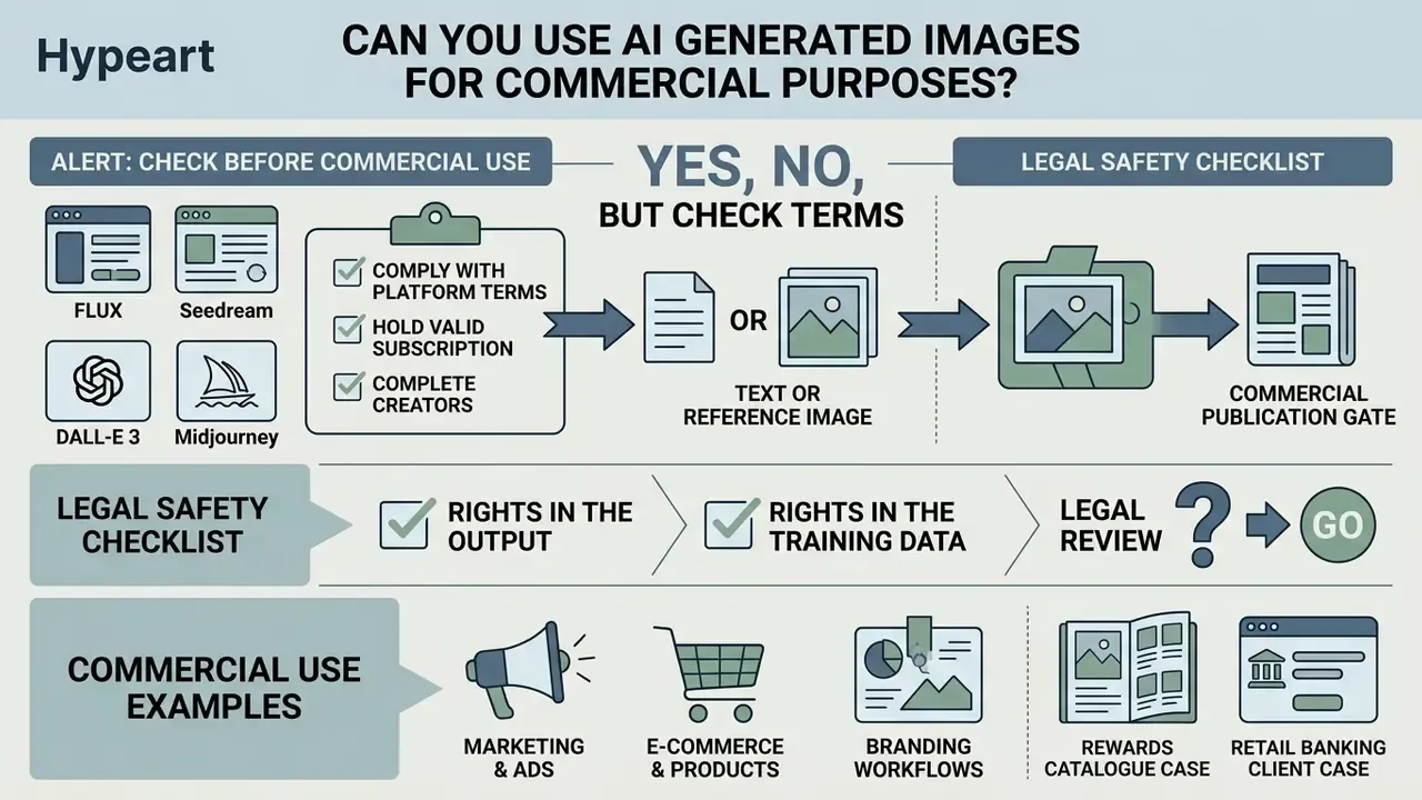 Infographic outlining legal requirements and checklists for using generated assets in commercial projects