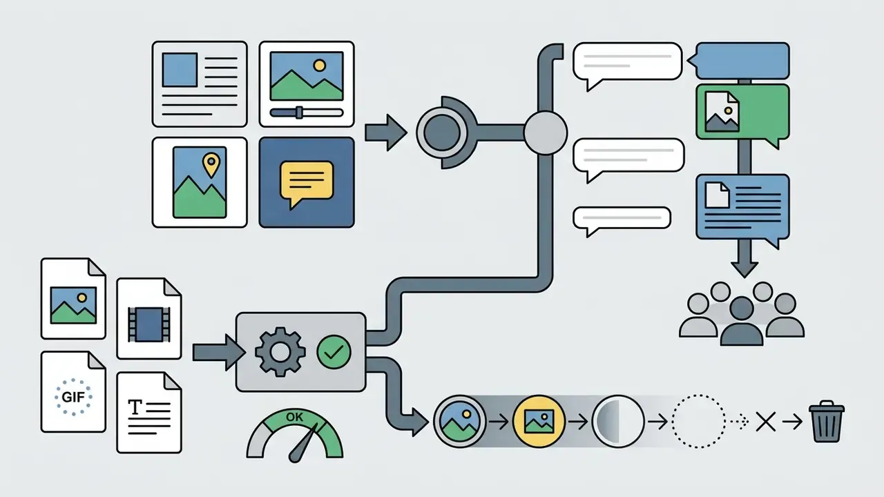 Media files feeding into a processing unit that routes content to chat bubbles or a deletion sequence