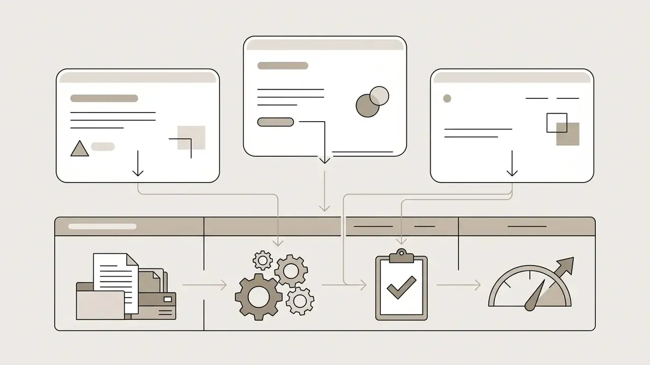 Web windows feeding data through gears into a checklist and a performance gauge for content processing