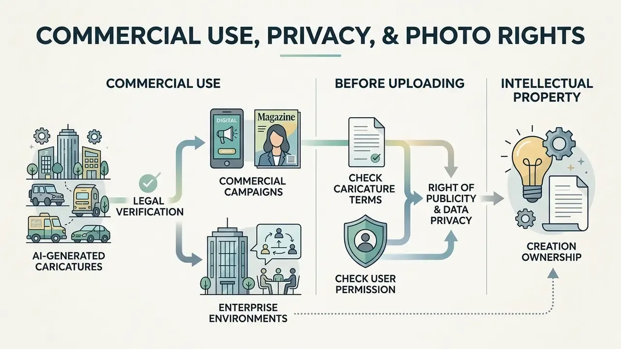 Diagram mapping legal verification steps for using digital caricatures in commercial and enterprise settings