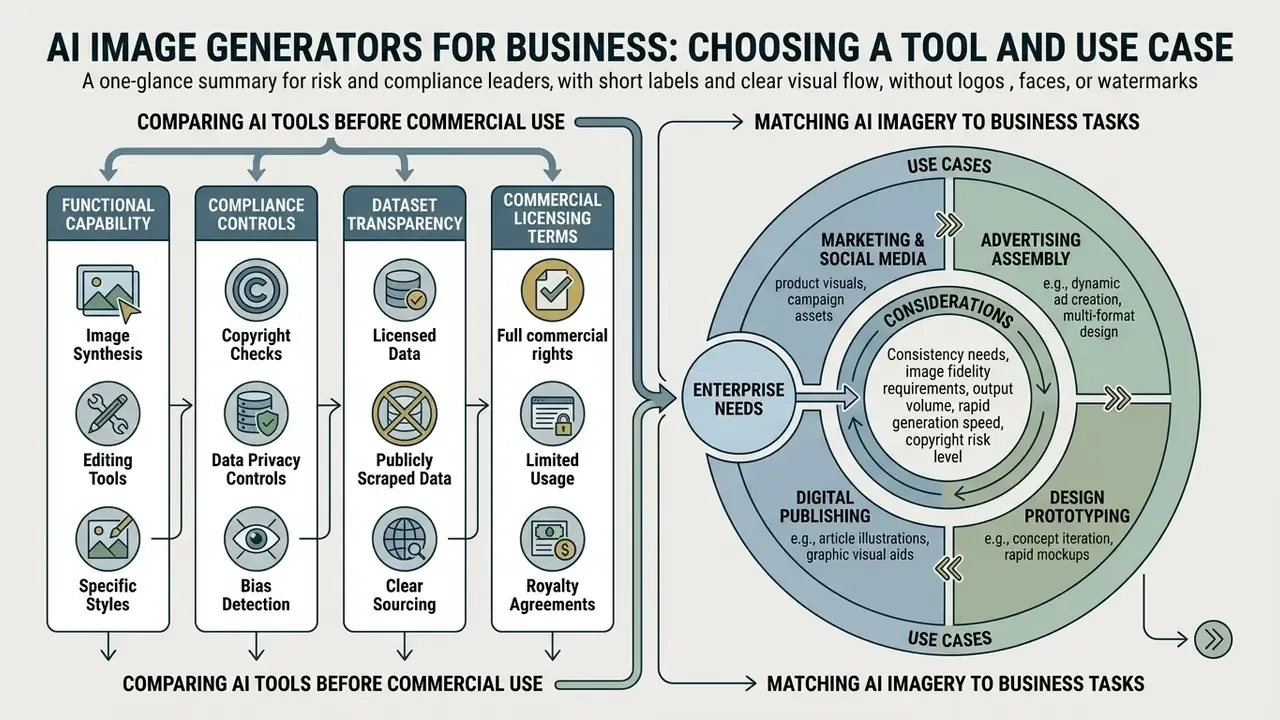 Flowchart comparing enterprise AI tool requirements with specific business use cases and considerations