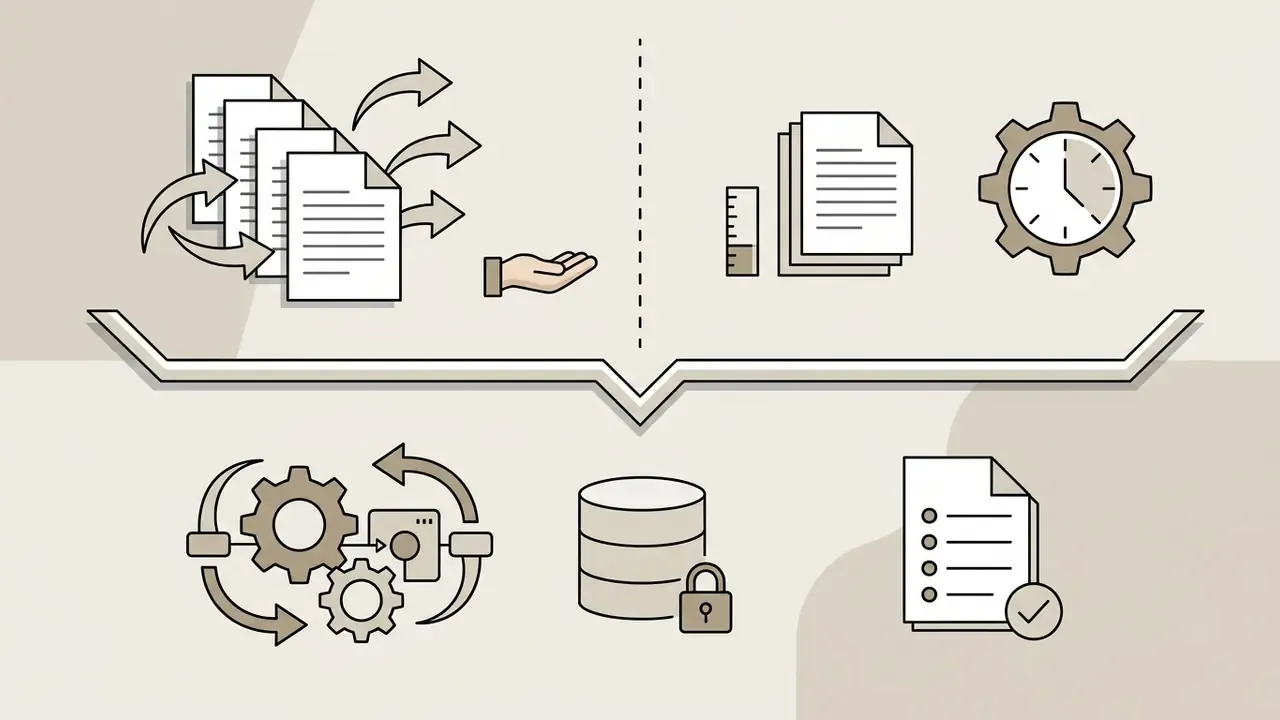 Icons of documents, gears, and a locked database representing data retention and processing workflows