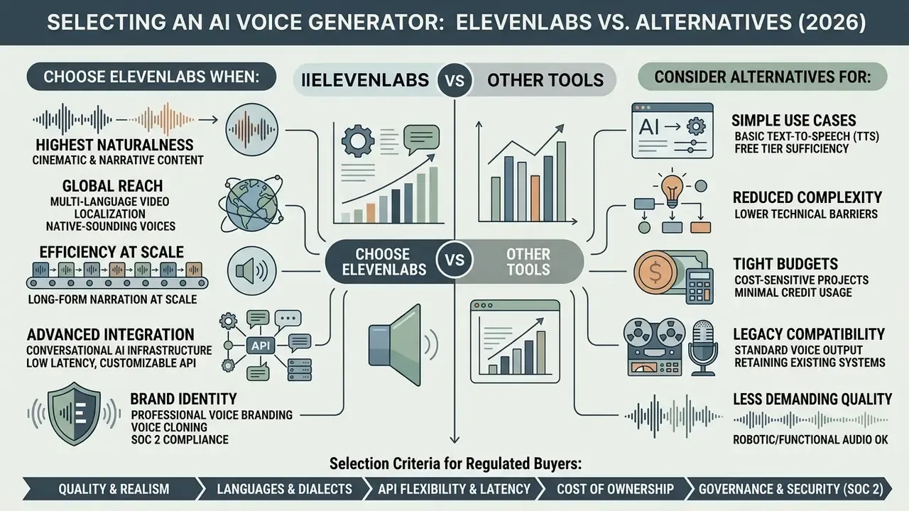 Split view showing criteria for selecting ElevenLabs versus alternative speech synthesis platforms