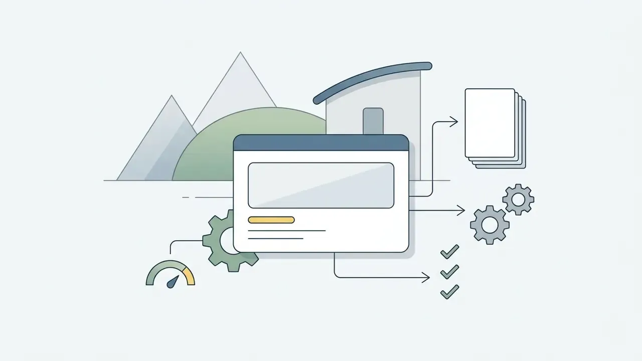 Browser window with landscape background connected to file icons, gears, and checkmarks