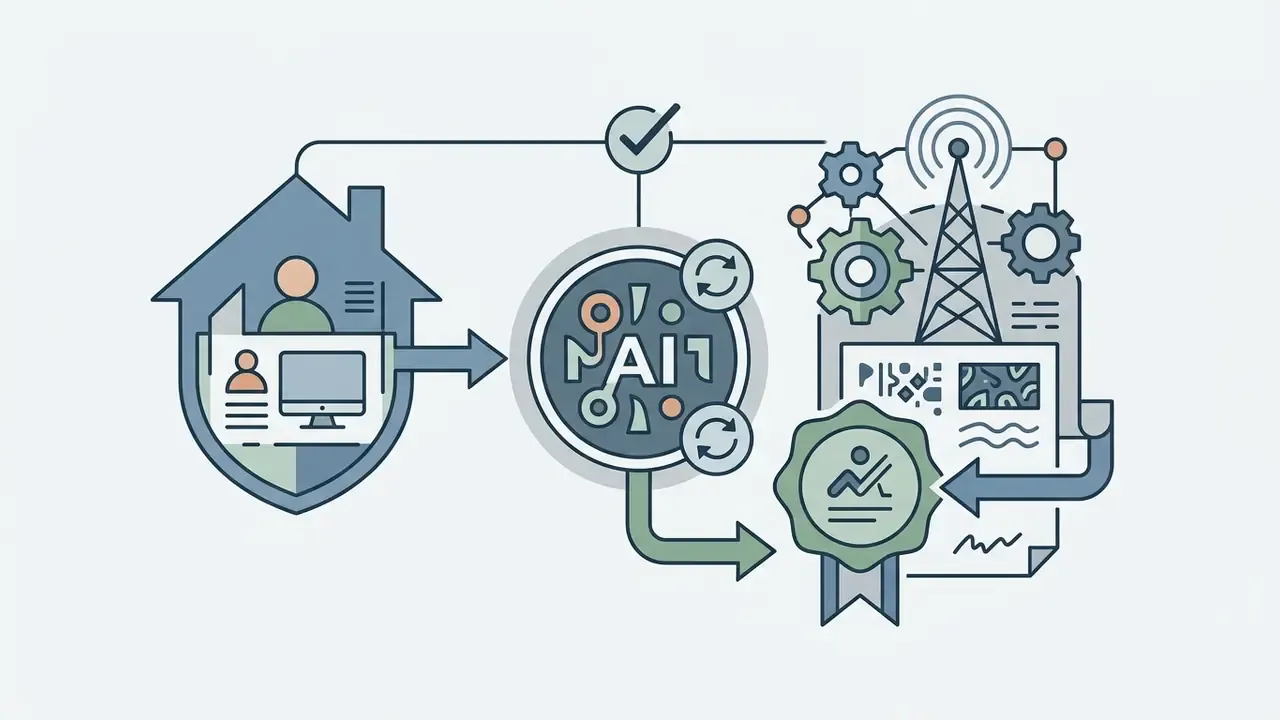 Person working at home connected to a central processing hub and a broadcast tower with a legal seal