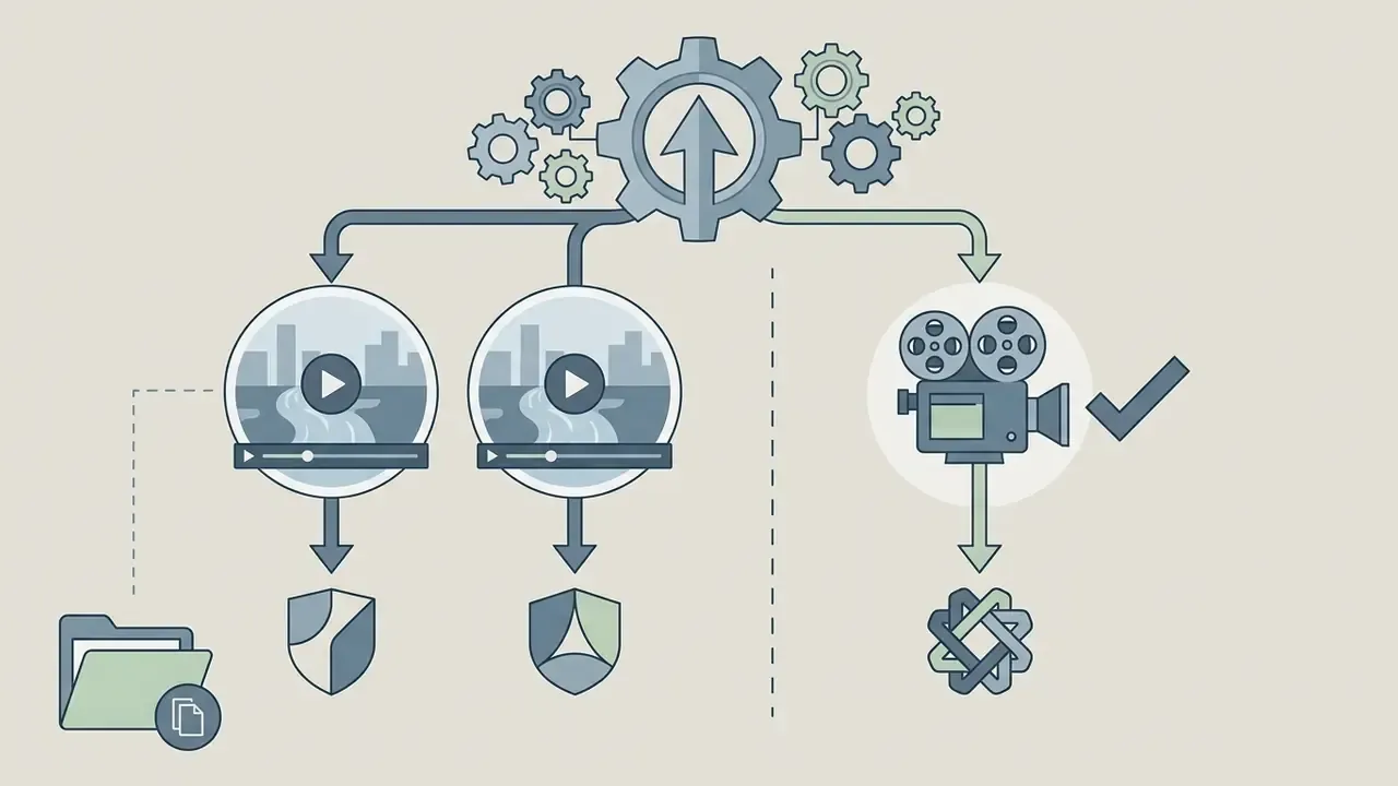 Gear mechanism splitting stock video clips from custom footage production to illustrate asset sourcing