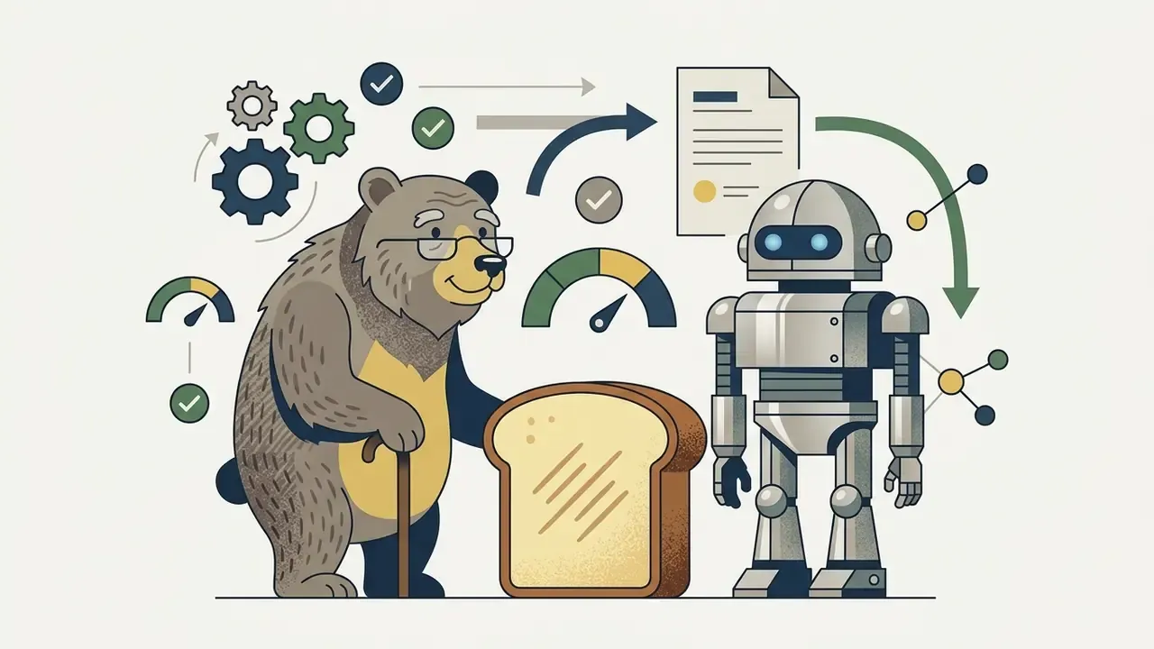 Elderly bear with a cane and a metallic robot standing beside a slice of toast with floating icons