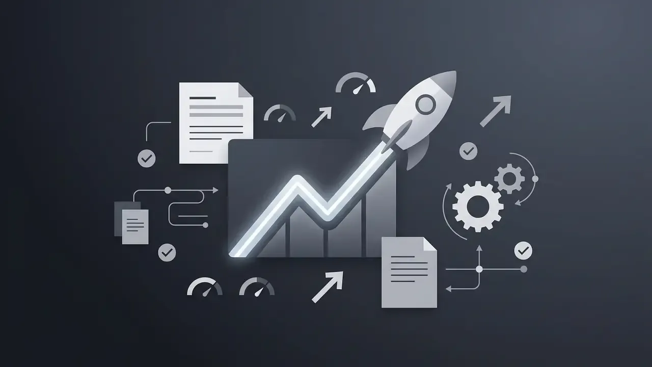 Glowing rocket launching over a bar chart surrounded by document icons, gears, and performance gauges