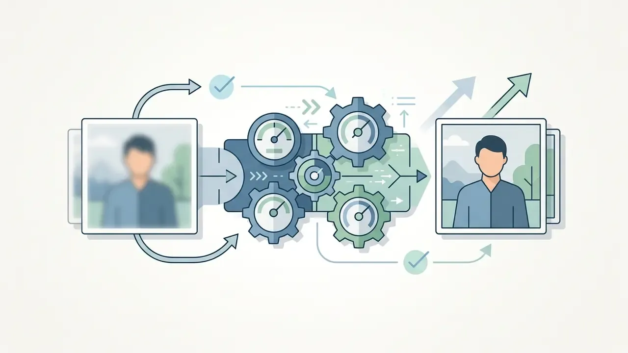 Blurred portrait passing through a system of gears and gauges to emerge as a sharp, clear image