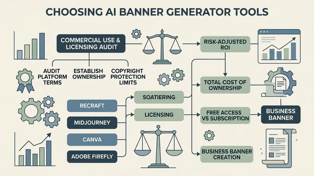 Flowchart connecting licensing audits and platform terms to business banner creation and cost analysis