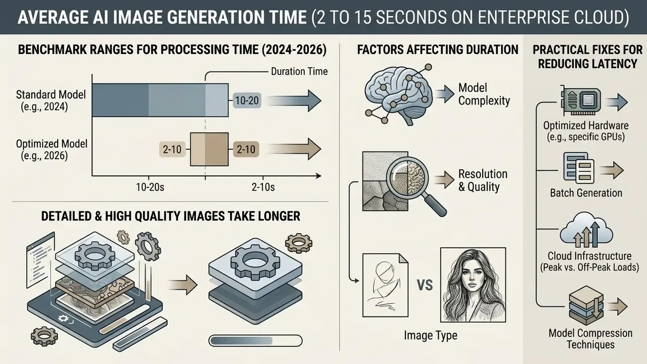Infographic comparing AI image generation benchmarks and listing factors that impact processing duration