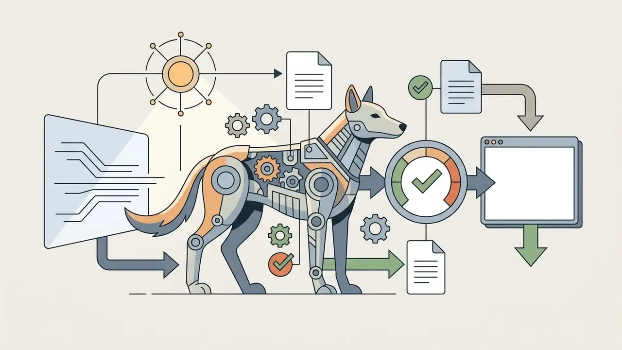 Diagram showing a mechanical wolf being processed through technical lighting, gear analysis, and validation
