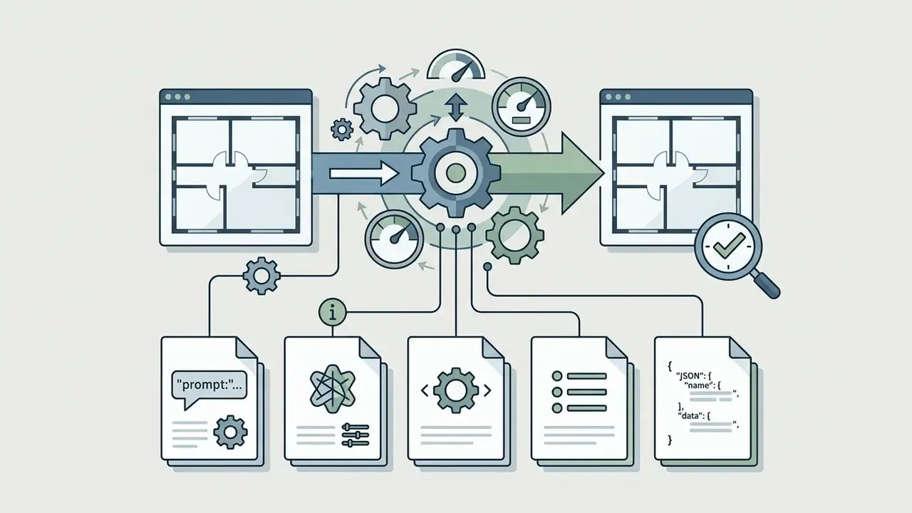 Gear mechanism processing floor plan inputs into audited outputs with logs of prompts and JSON data
