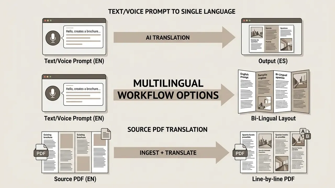 Three process paths showing text and voice prompts or PDF files being converted into translated outputs