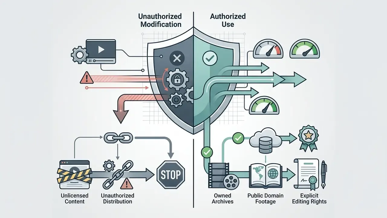 Split diagram contrasting unauthorized modification of video content with legal and authorized usage paths