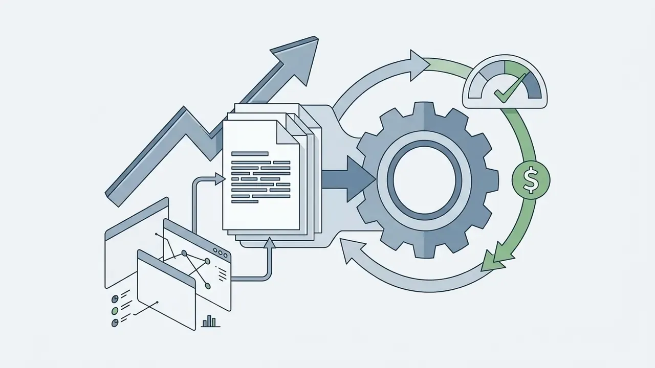 Research papers feeding into a gear system linked to a speedometer, a dollar sign, and an upward trend arrow