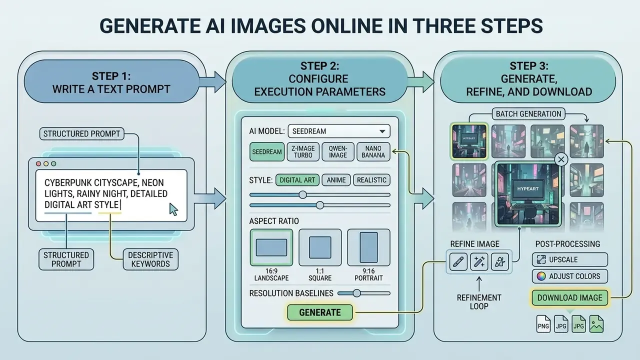 Three-step workflow showing prompt entry, parameter configuration, and image refinement for AI generation