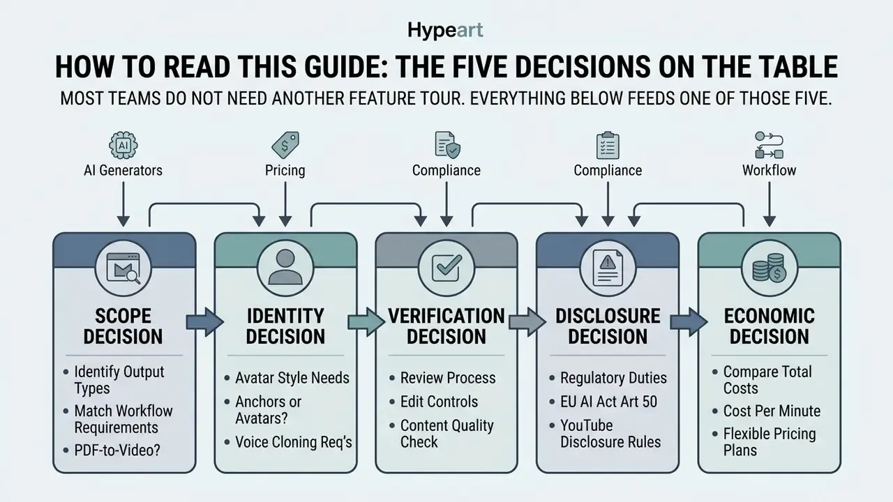 Flowchart outlining five key decisions for video generation AI strategy including scope and economic factors