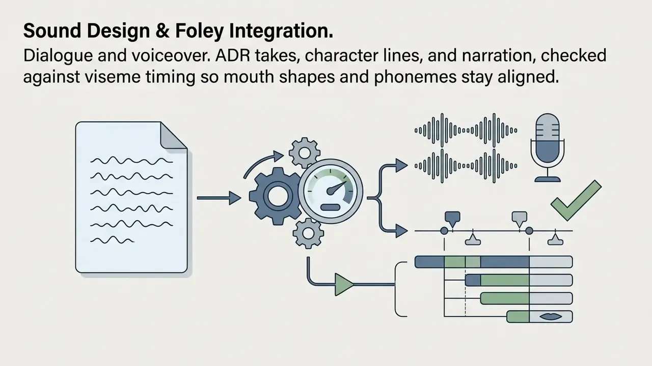 Document text processed through a gear mechanism to align audio waveforms and viseme timing on a timeline