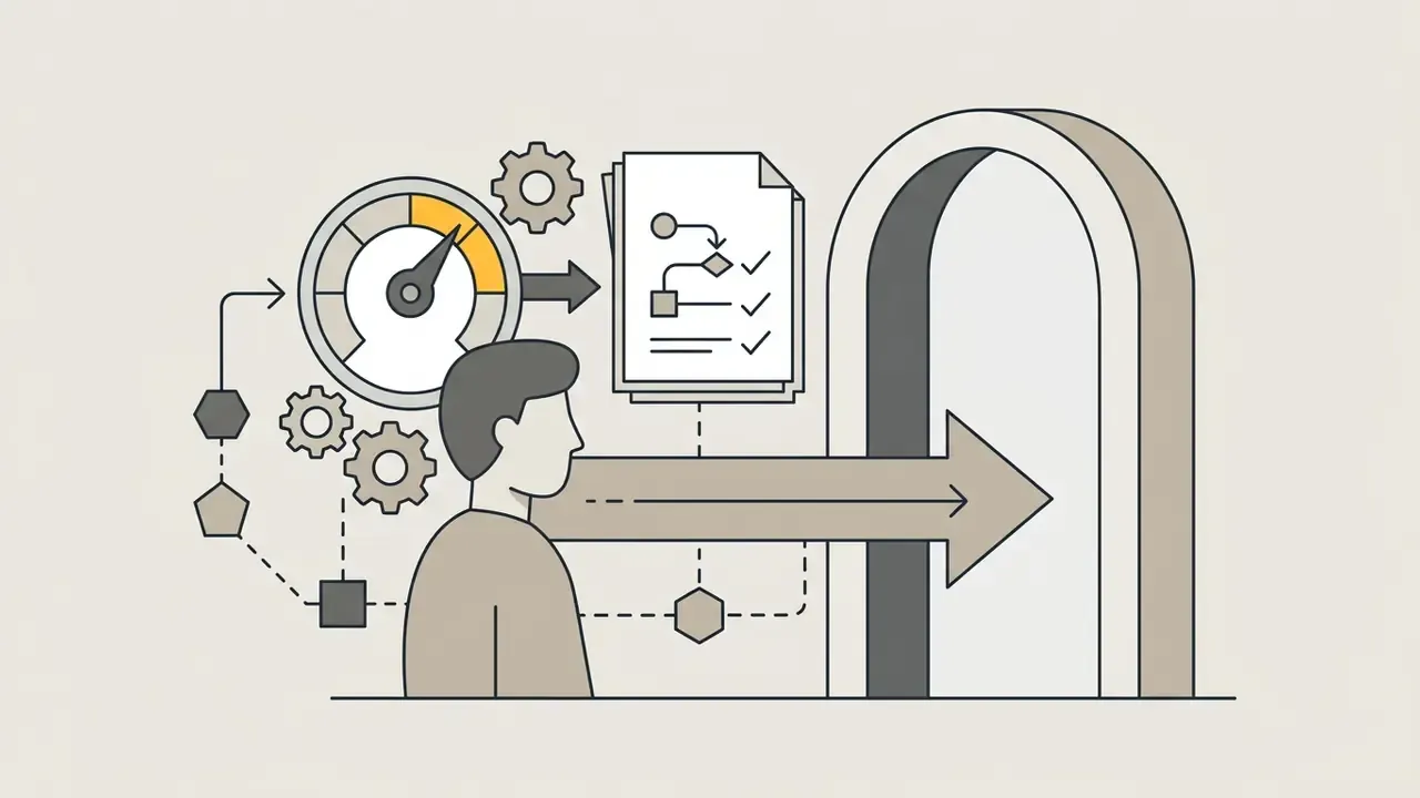 Person standing before an arched doorway with a speedometer and checklist representing goal progression