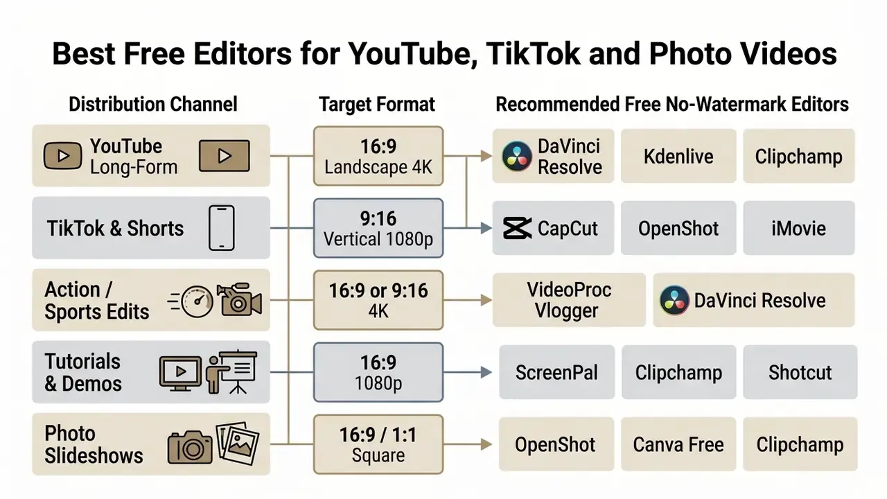 Matrix mapping social media distribution channels and video formats to recommended free editing software