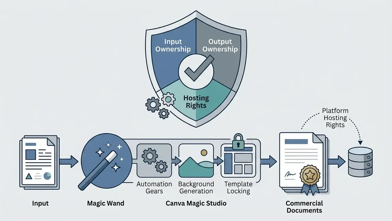 Process flow showing input data moving through Canva Magic Studio tools to secure commercial documents