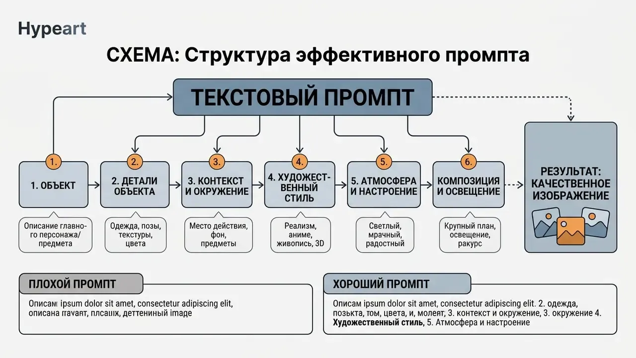 Diagram breaking down the six essential components for building an effective AI image generation prompt