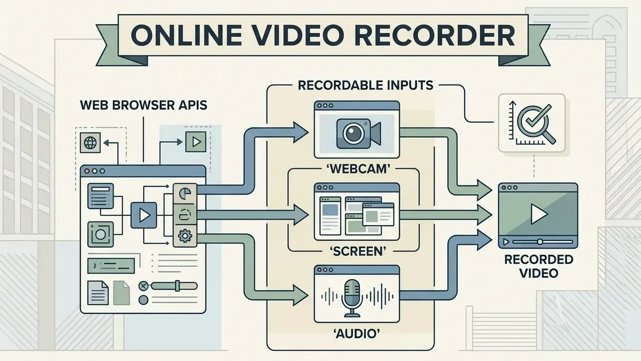 Diagram showing how web browser APIs process webcam, screen, and audio inputs into a single recorded video