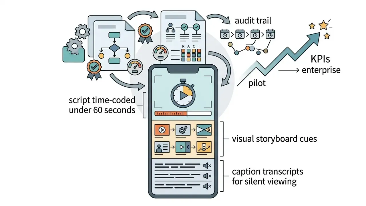 Smartphone screen displaying video production steps with audit trails and upward growth trends