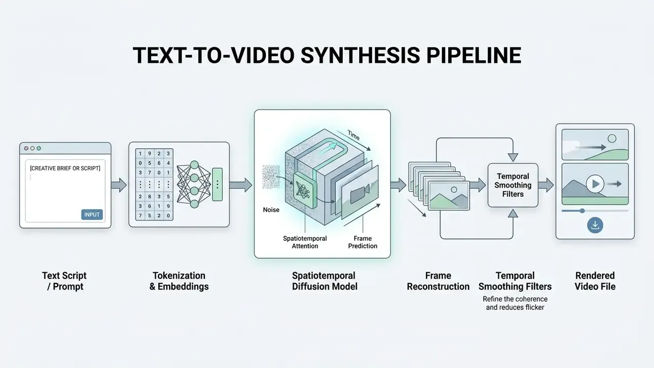 Sequential process diagram showing text inputs transformed into video files via diffusion and smoothing